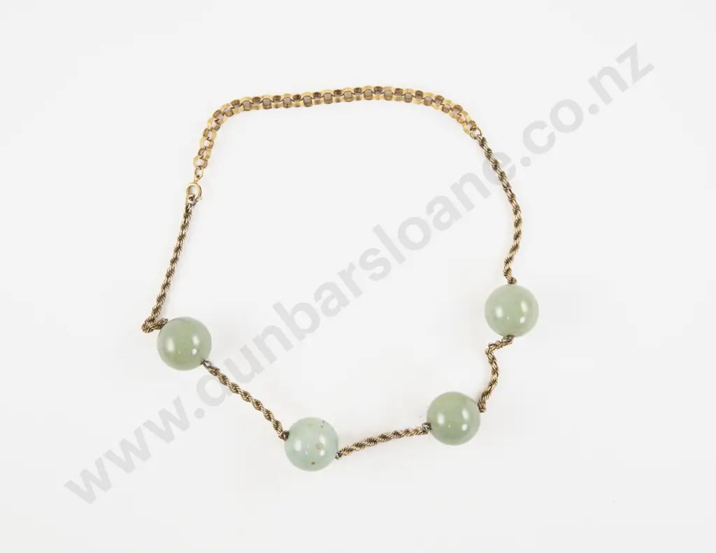 Gold Plated Fancy Twist Chain and Jade Beaded Necklace Image 1++
