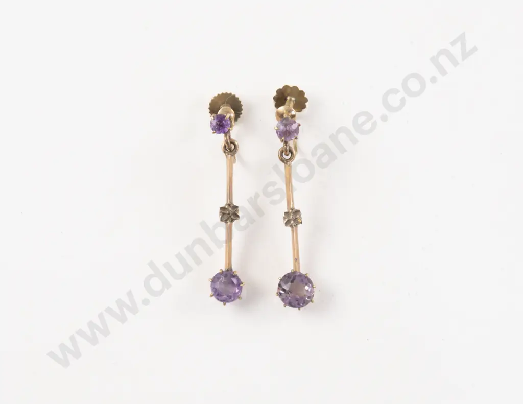 Pair 9ct Edwardian Amethyst Pendant Drop Earrings Image 1++
