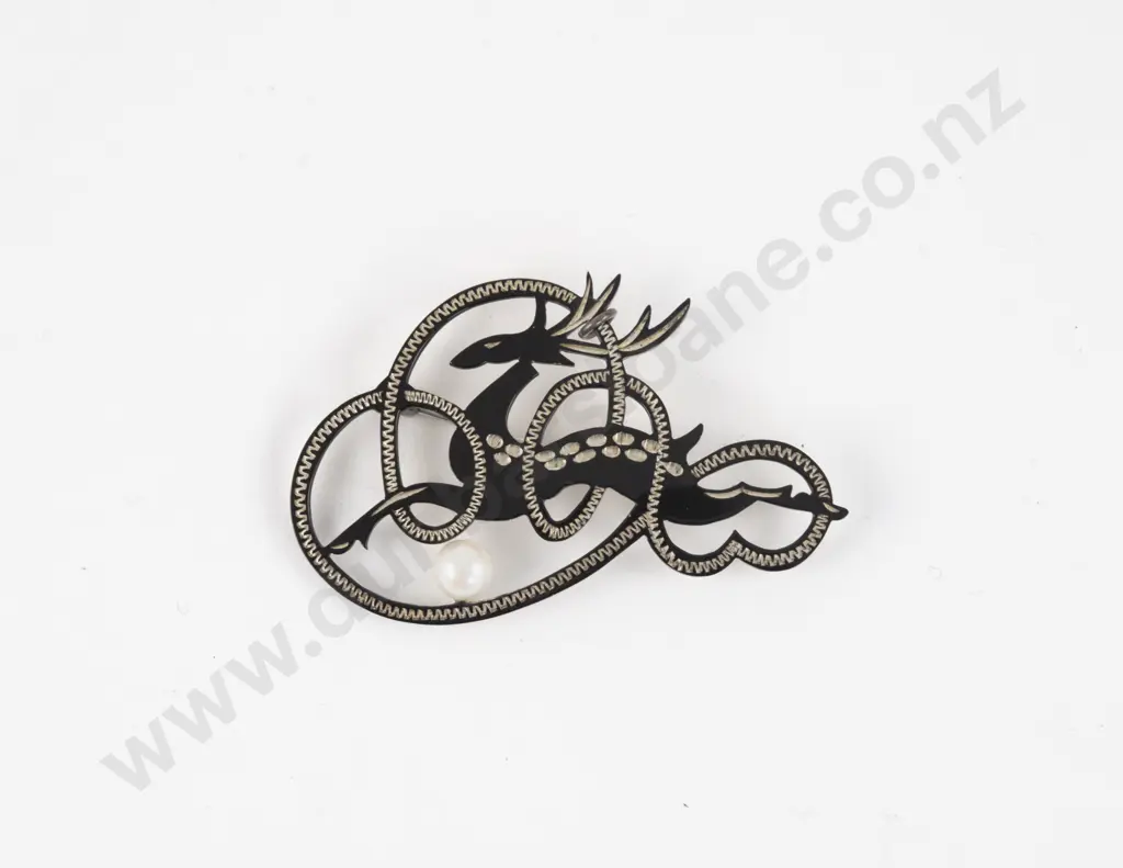 Vintage S/S and Black Enamel Single Pearl Reindeer Brooch Image 1++