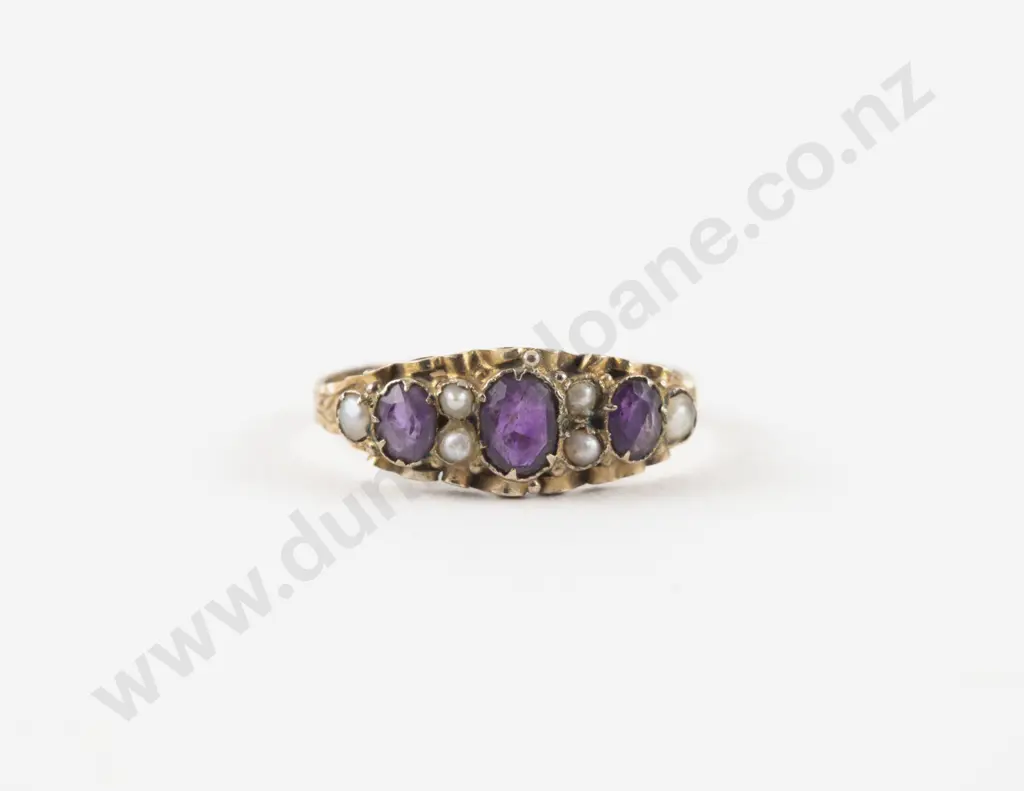 Victorian 15ct Nine Stone Amethyst and Pearl Bridge Ring Image 1++