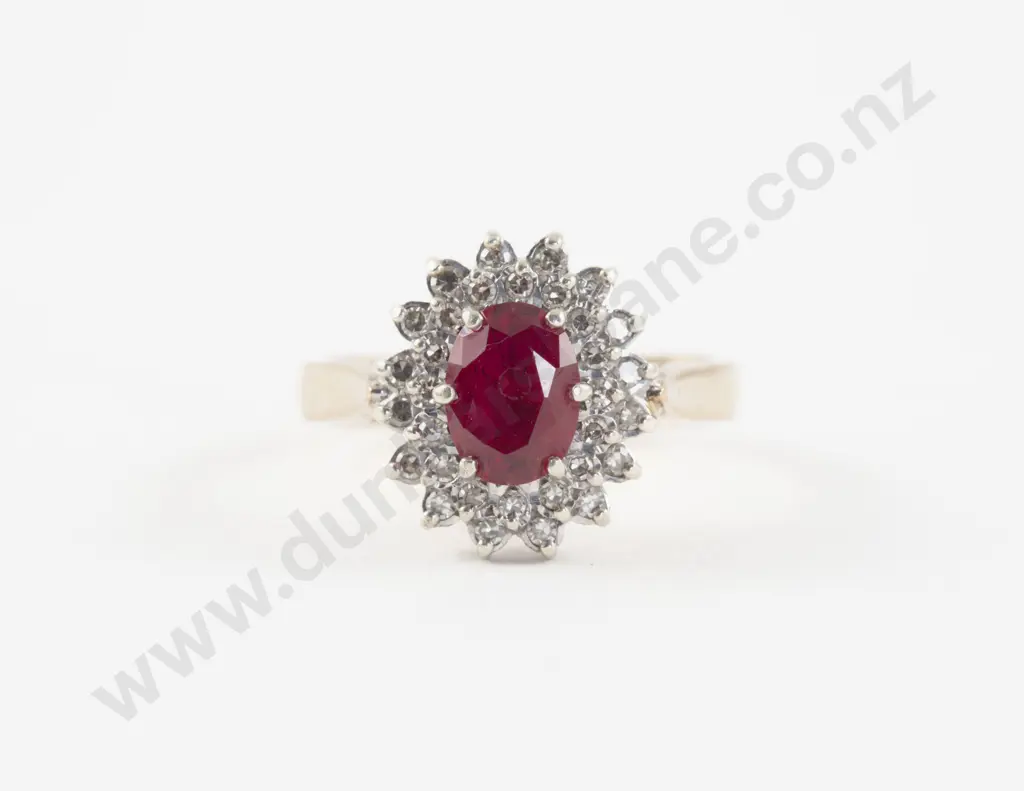 9ct 32Stone Imitation Ruby and Diamond Cluster Ring Image 1++