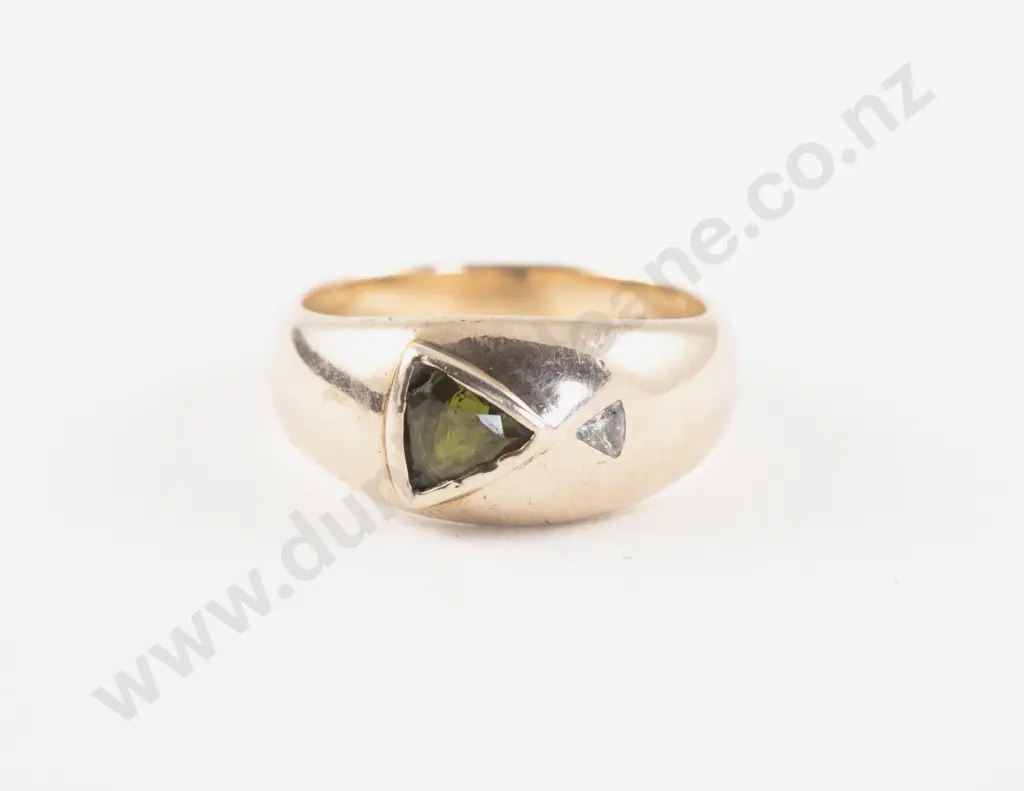 9ct Two Stone Peridot and Diamond Dome Band Ring Image 1++