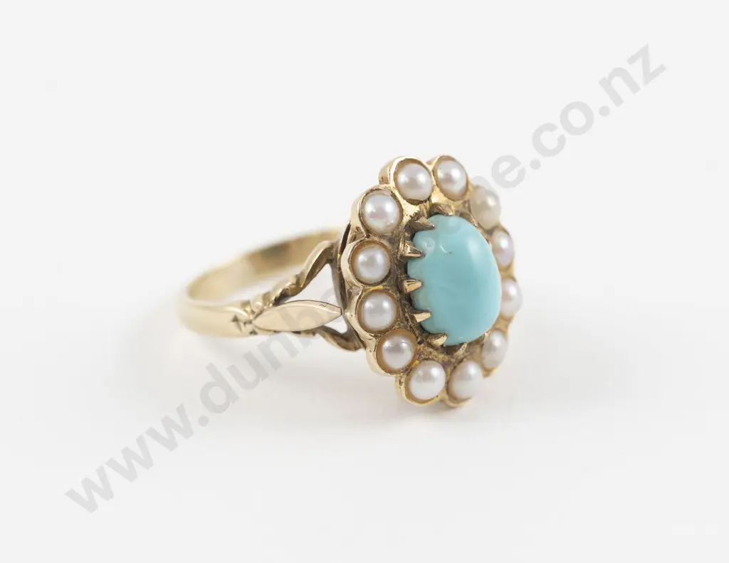 Victorian 9ct Turquoise and Cultured Pearl Cluster Ring Image 1++