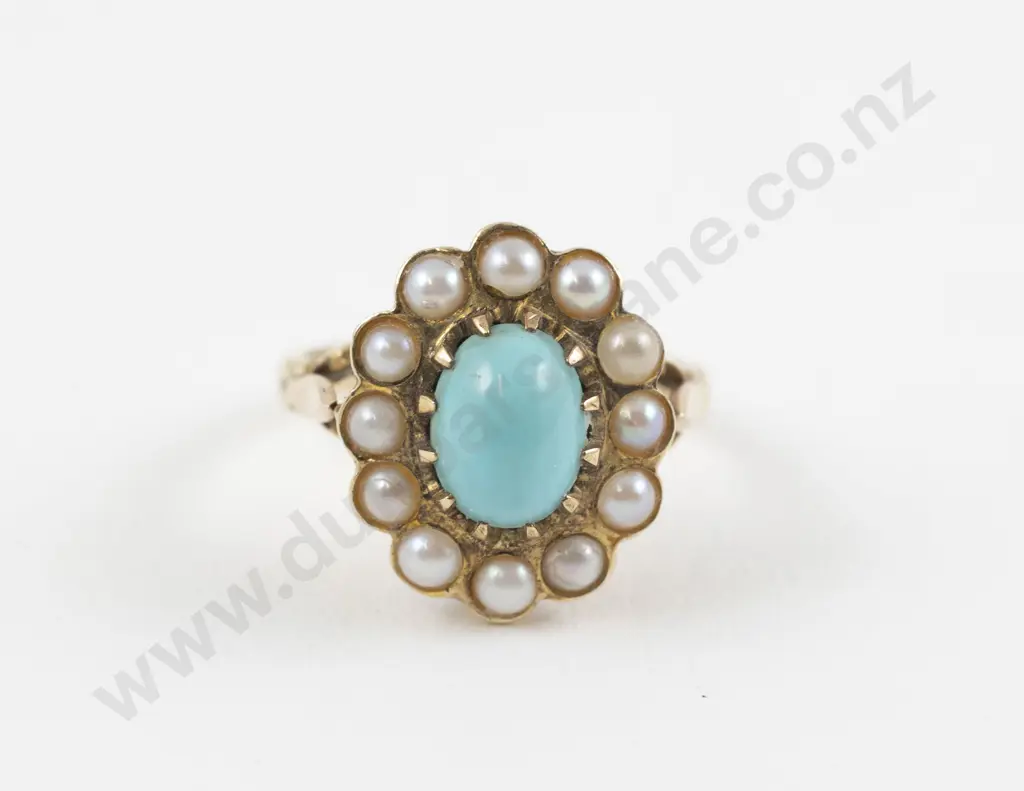 Victorian 9ct Turquoise and Cultured Pearl Cluster Ring Image 1++
