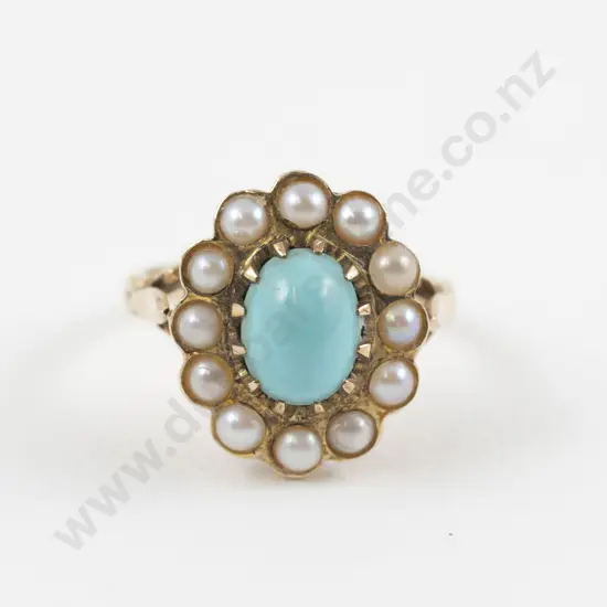 Victorian 9ct Turquoise and Cultured Pearl Cluster Ring