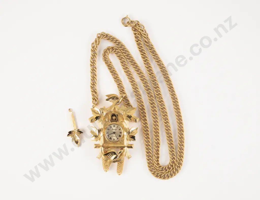 Vintage Trifari Cuckoo Clock Watch Pendant on Neck Chain Image 1++