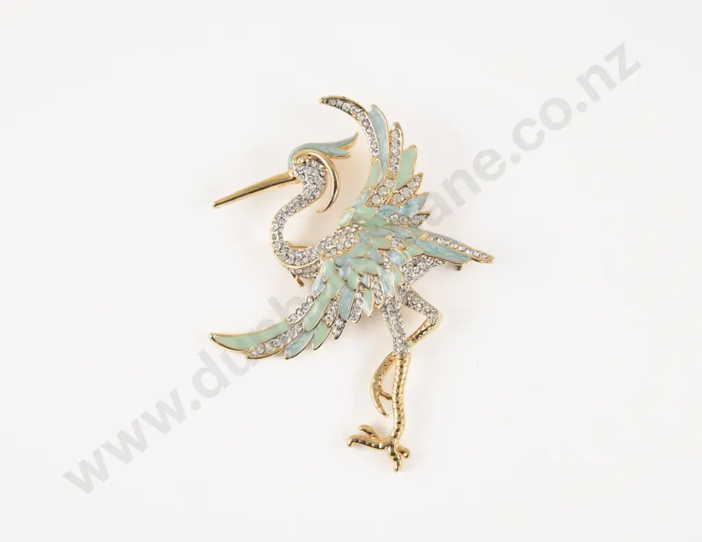 Large Vintage Diamonte Crane Brooch Image 1++