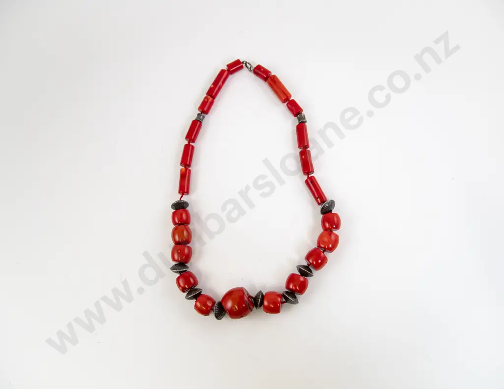 Modern Design .925 Silver Bead and Bamboo Coral Necklace Image 1++