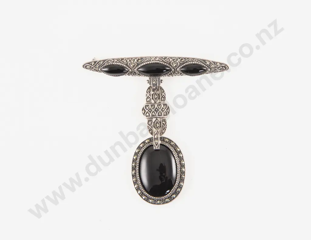 Sterling Silver and Onyx Marcasite Brooch Image 1++