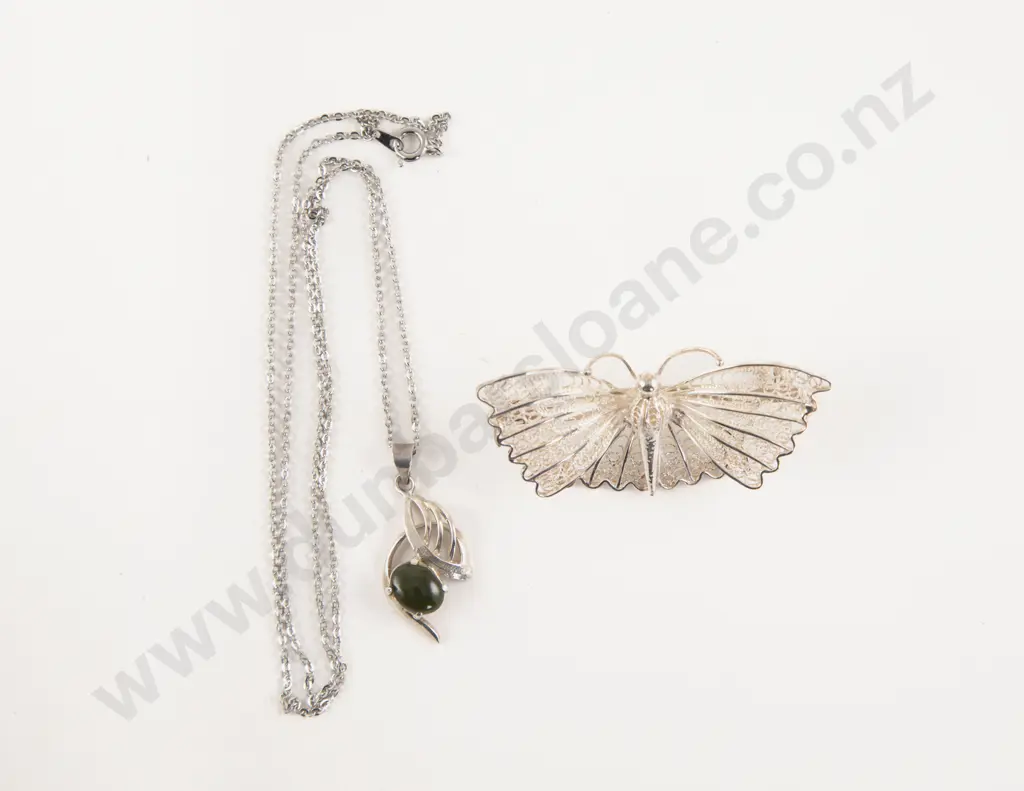 S/S Single Greenstone Pendant with Filigree Butterfly Brooch Image 1++