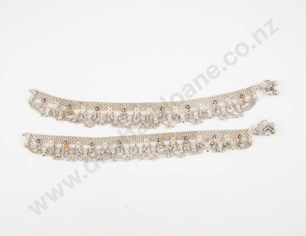 Pair Indian Silver Gem Set Anklets Image 1++