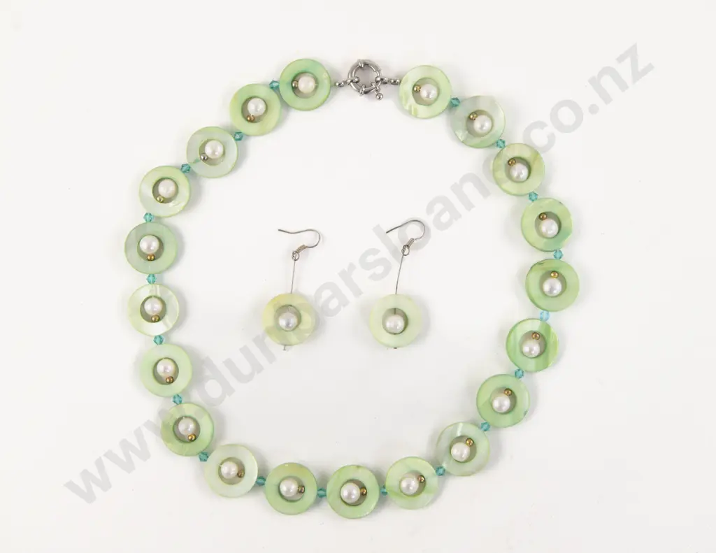 Single Strand Dyed Green MOP and Cultured Pearl Necklace with Matching Earrings Image 1++