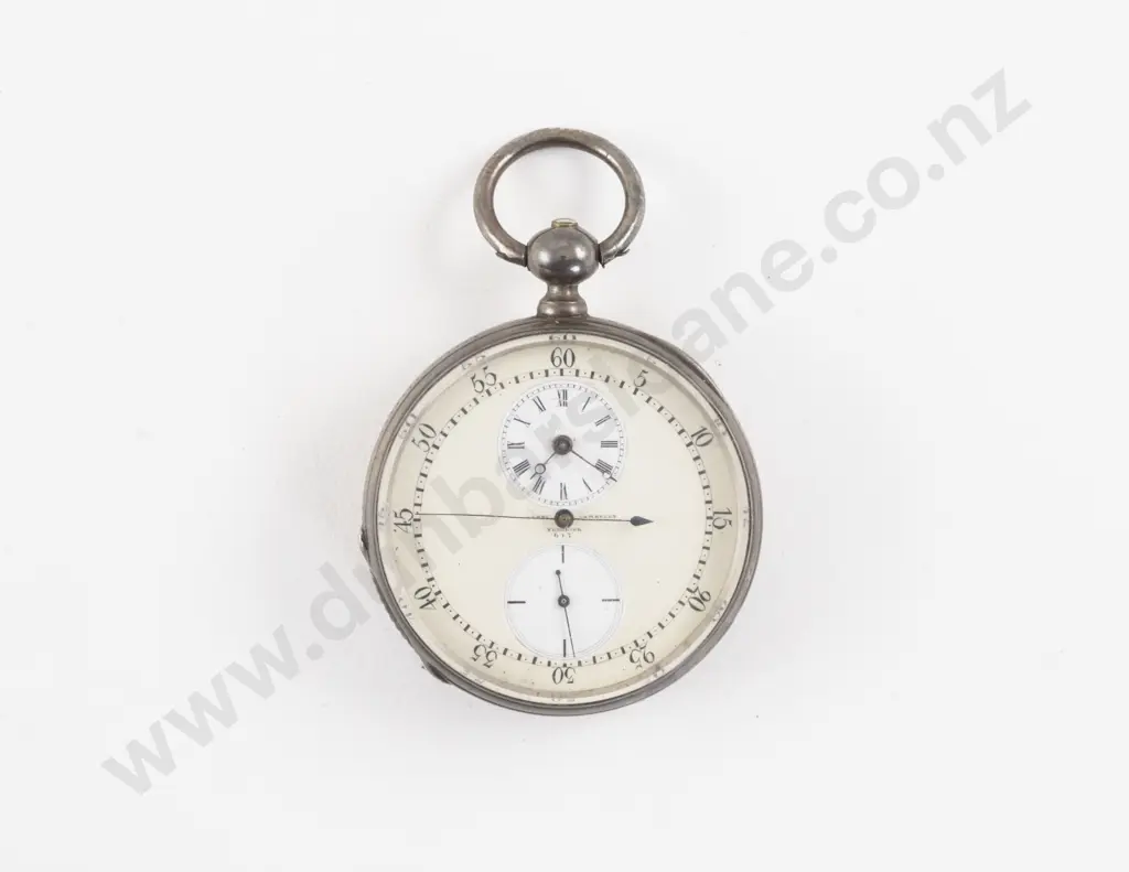 Silver Plated Open Face Key Wind Chronograph Pocket Watch Image 1++