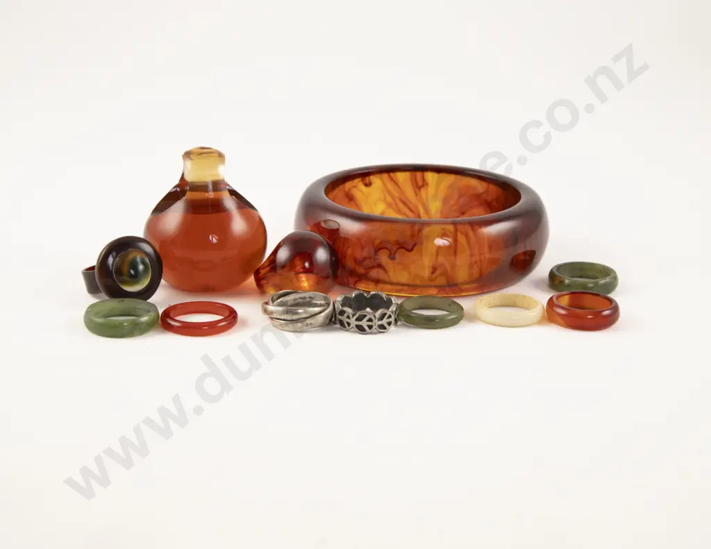 Four Amber Plastic Rings and Bangle with Three Jade Rings and Others Image 1++