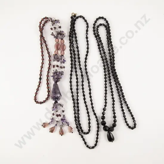 Two Single Strand French Jet Crystal Opera Length Necklace