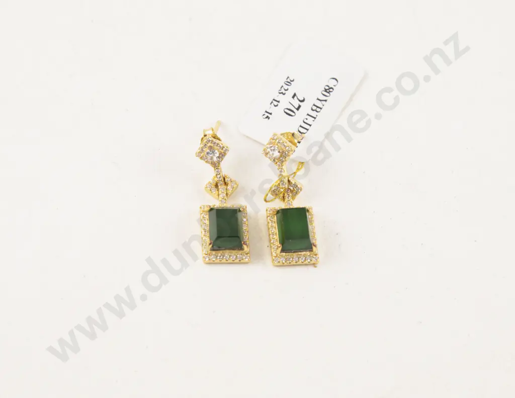 .925 Silver Green Jade and Diamanté Earrings Image 1++