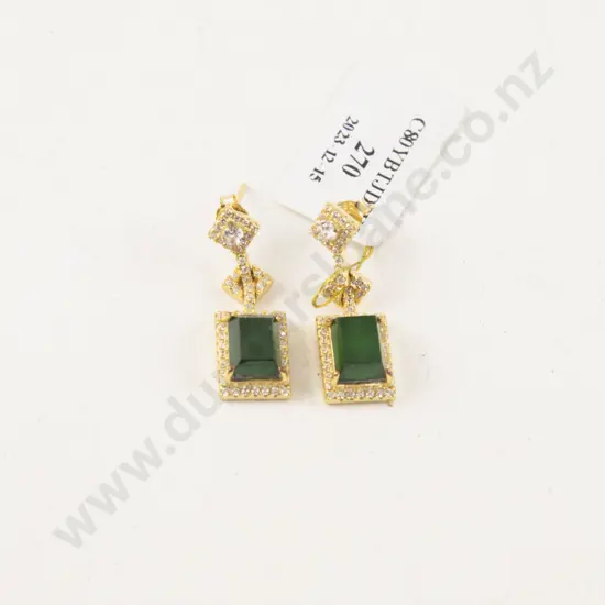 .925 Silver Green Jade and Diamanté Earrings