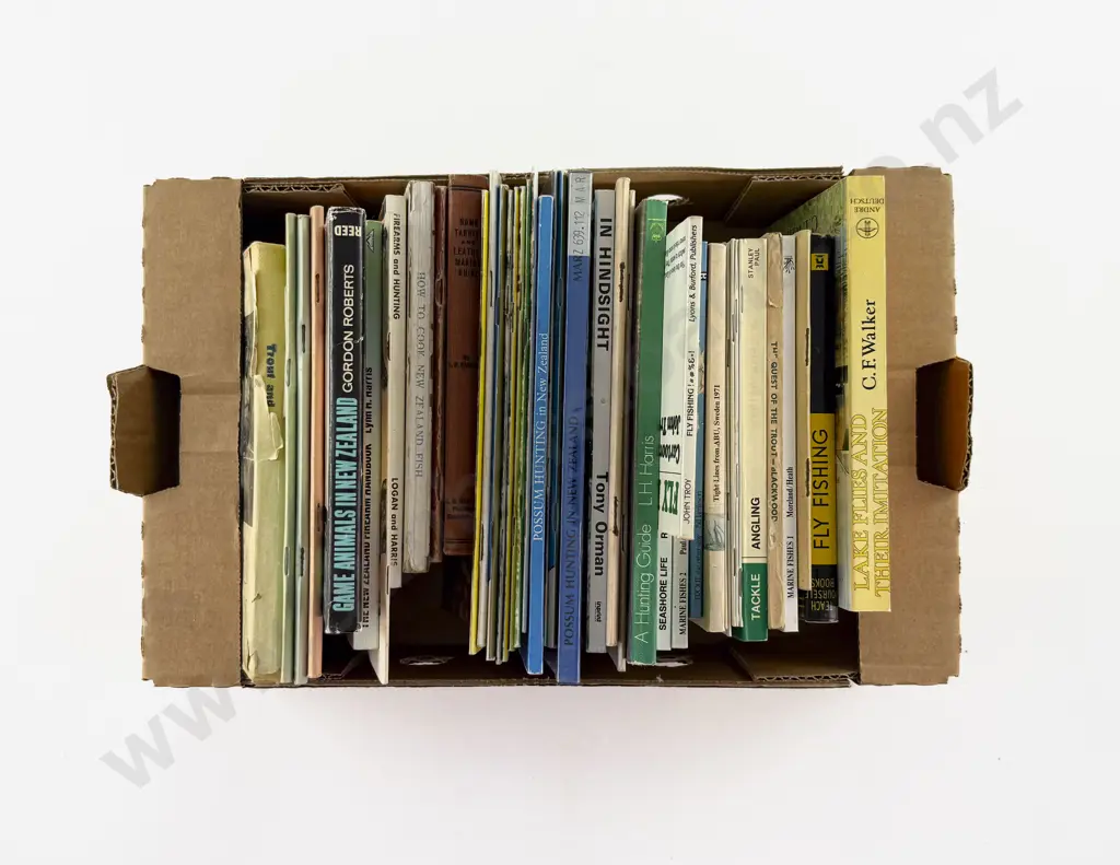 Box Of Hunting & Fishing Books Including Trout and Salmon Fishing in Otago 1948 Image 1++