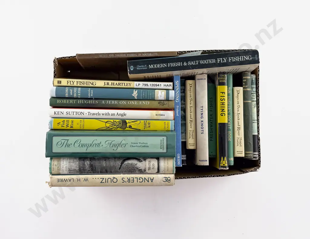 Box Of Fishing Books Including, Trout and Salmon Fishing in Southland, 1929 Image 1++