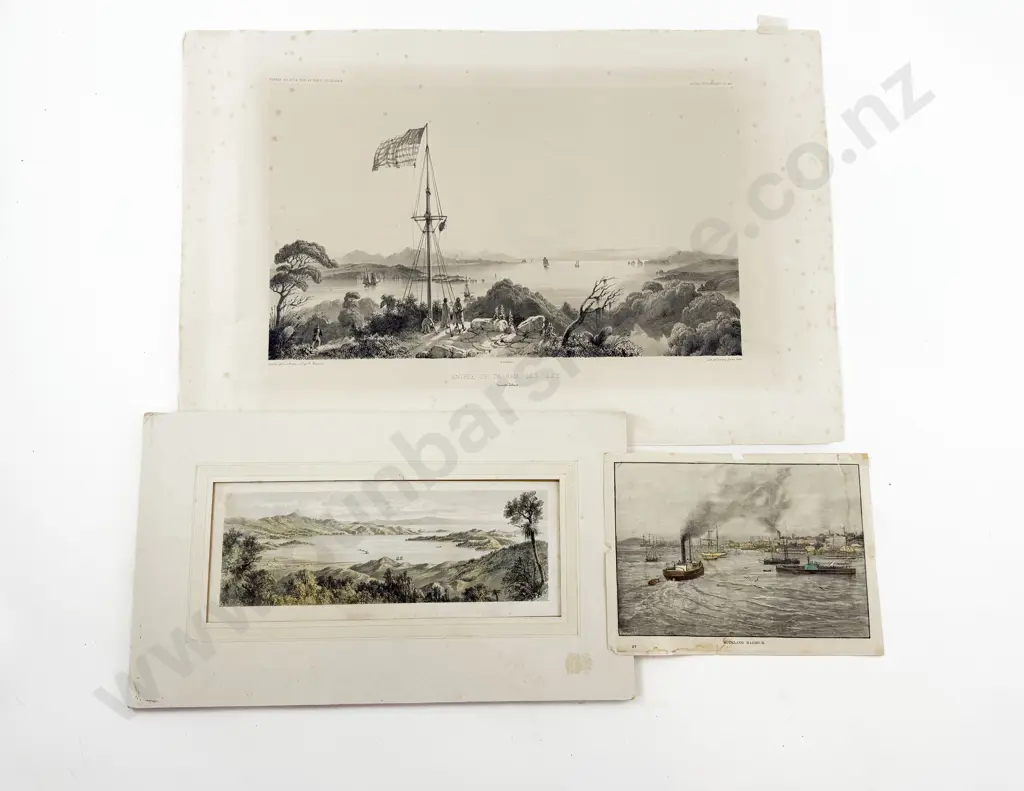 19th Century French Lithograph "Entree De La Baie Des Iles" & 2 Smaller NZ Engravings Image 1++
