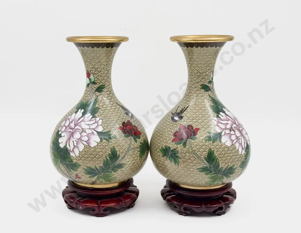 Pair of Cloisonne Vases & Stands Image 1++