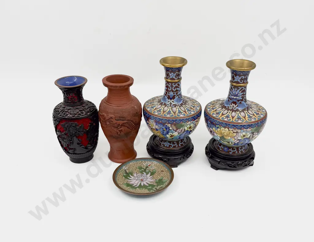 Pair of Cloisonne Vases together with Cinnabar Lacquer Vase & Two Others Image 1++