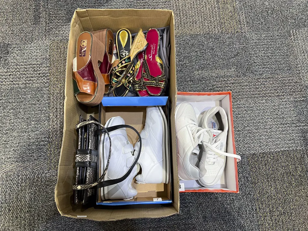 Two Boxes of Assorted incl Snakeskin Bag with Foot Wear & Electronics Image 1++