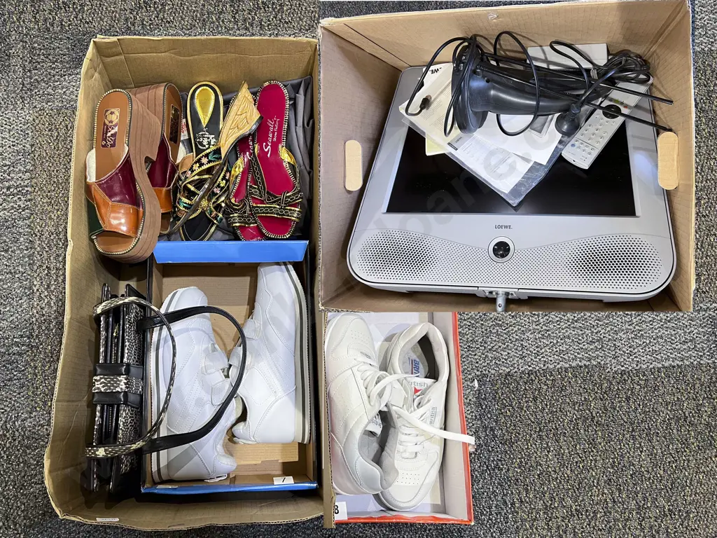 Two Boxes of Assorted incl Snakeskin Bag with Foot Wear & Electronics Image 1++