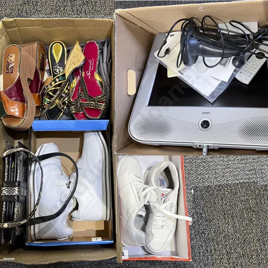 Two Boxes of Assorted incl Snakeskin Bag with Foot Wear & Electronics