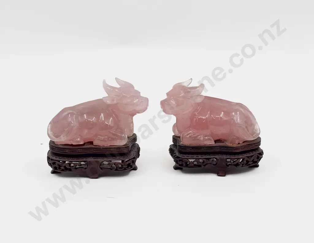 Pair of Rose Quartz Oxen Ornaments Image 1++