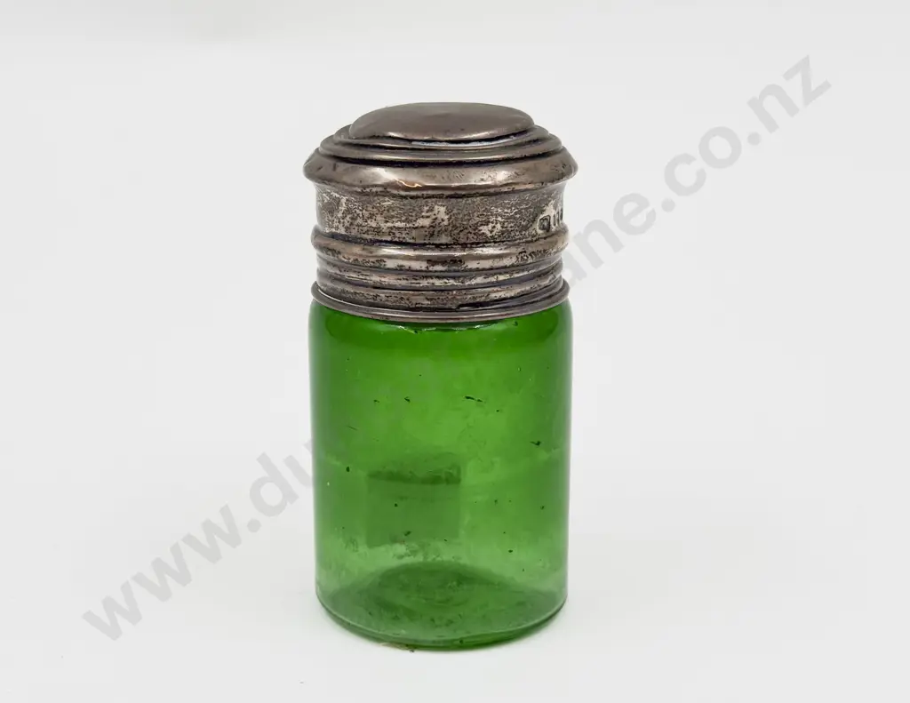 Victorian S/S Topped Bristol Green Glass Smelling Salts Jar Image 1++