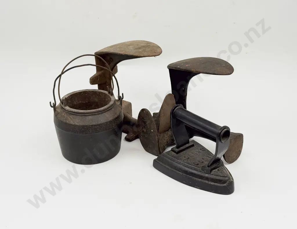 Two Vintage Shoe Lasts together with Cast Iron Glue Pot & Flat Iron Image 1++