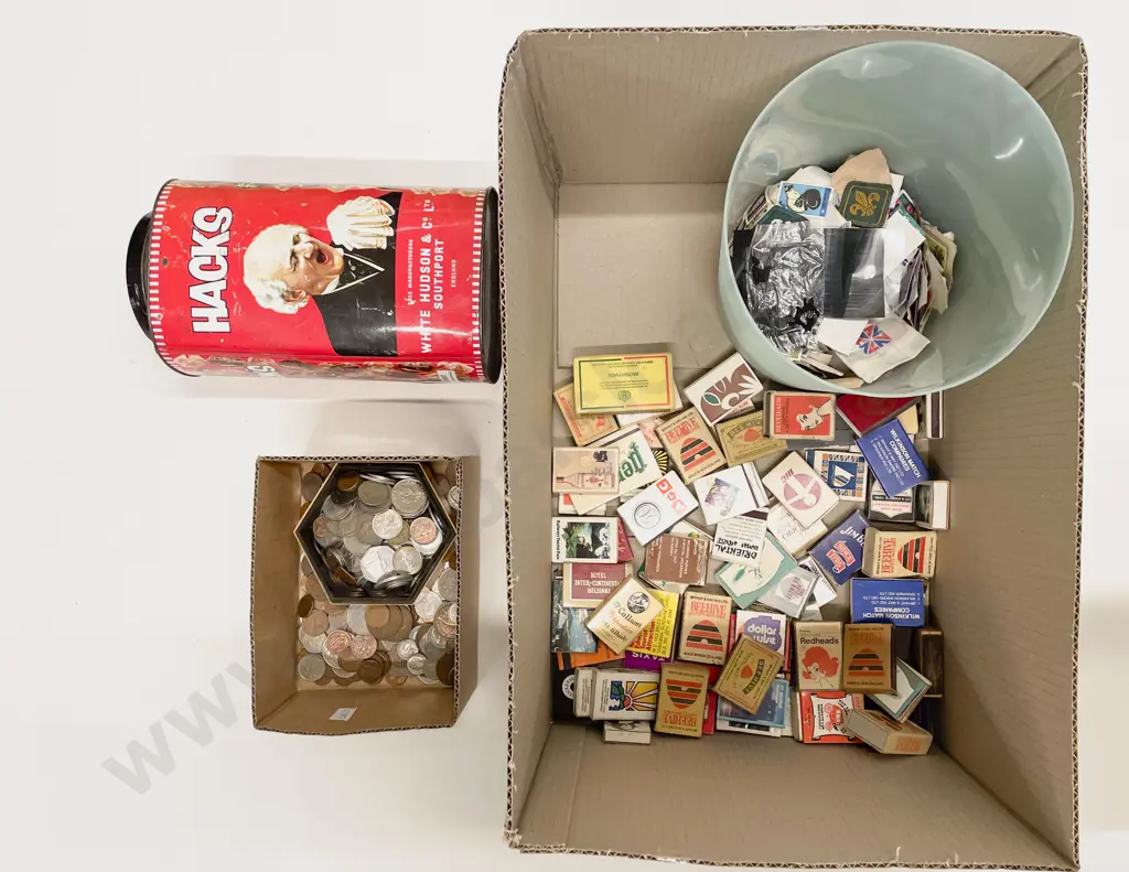 Box Quantity of Assorted Vintage incl Loose Stamps Coins & Match Books etc Image 1++