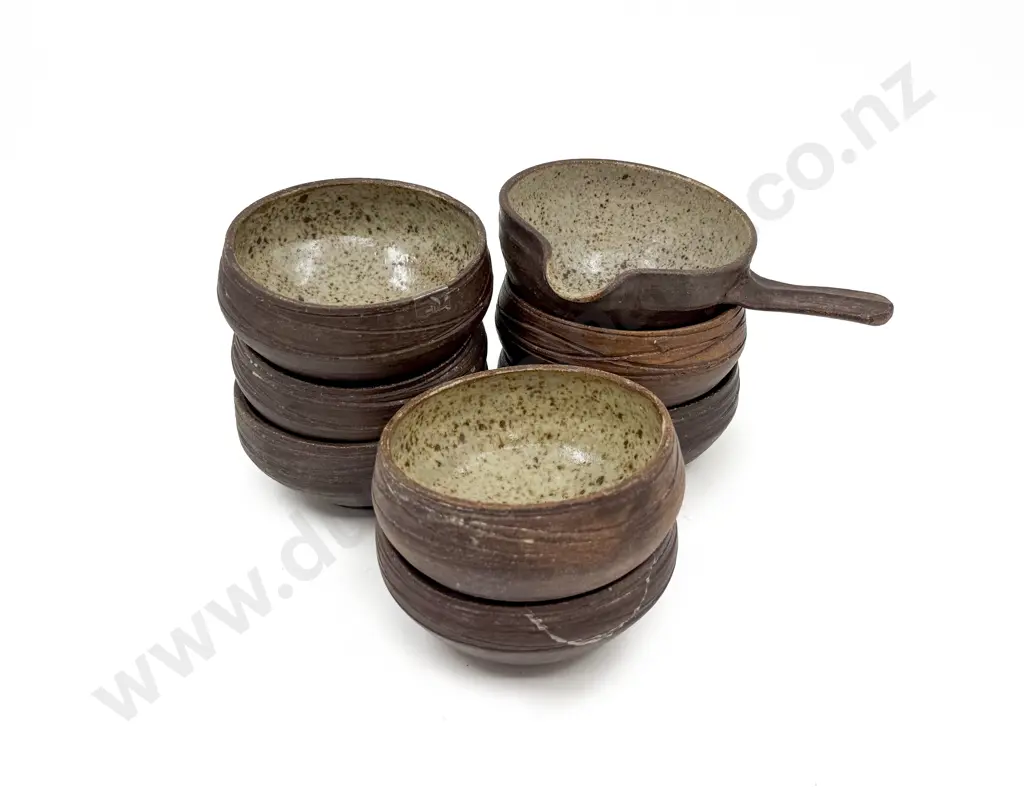 Six NZ Pottery Bowls & Handled Pouring Bowl Image 1++