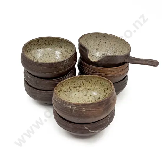 Six NZ Pottery Bowls & Handled Pouring Bowl