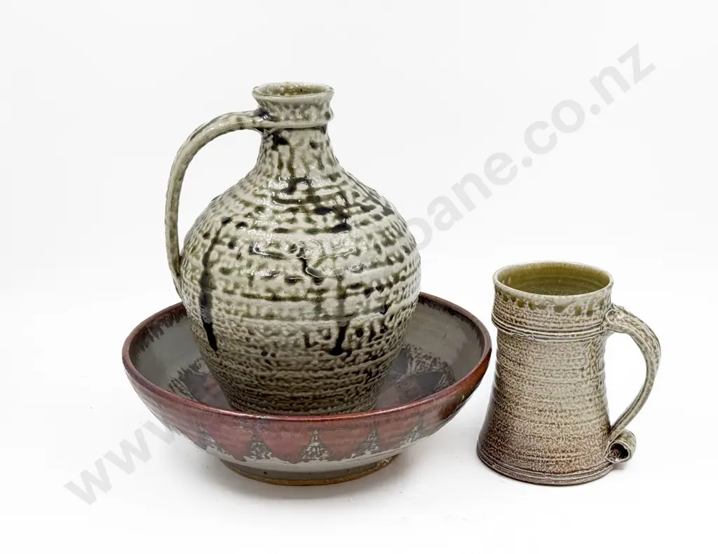 NZ Pottery Salt Glazed Flagon Tankard & Other Image 1++