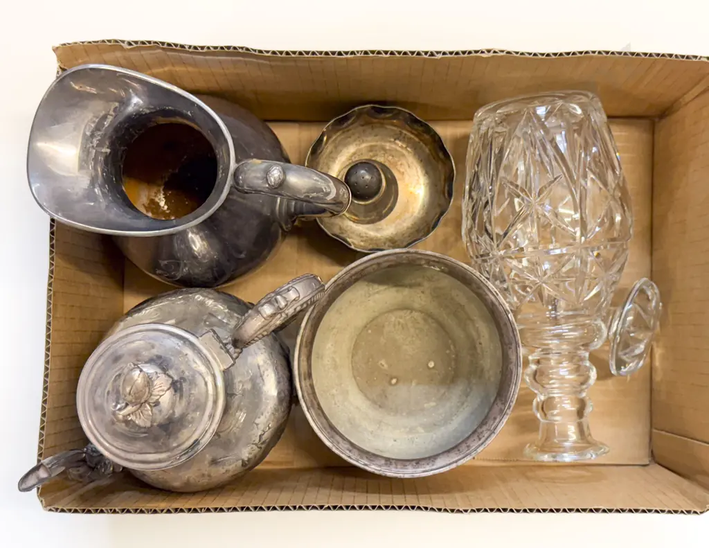 Box with Plated Ware & Glass Decanter Image 1++