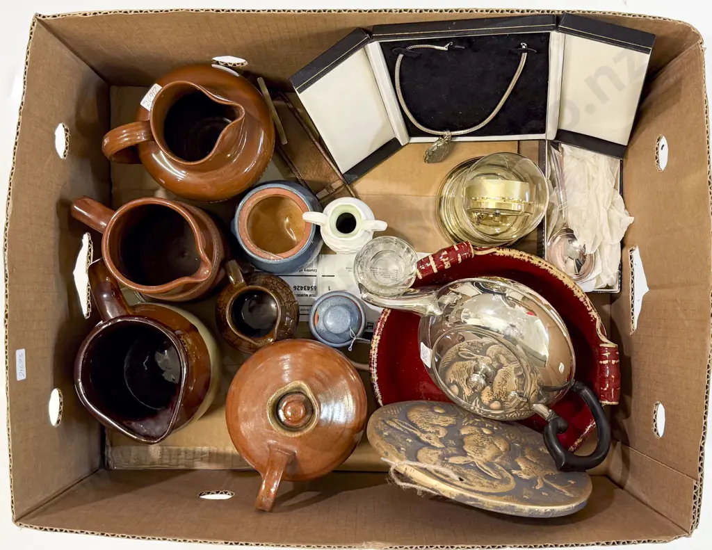 Box with Stoneware Jugs Dome Cased Clock etc Image 1++