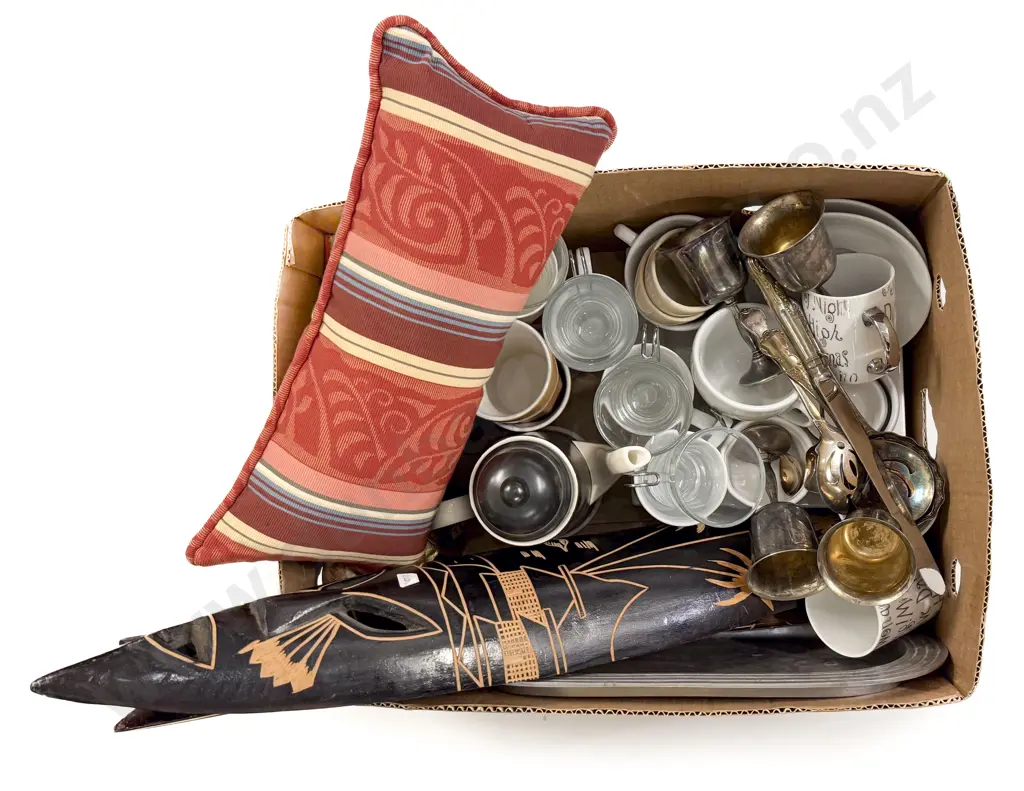 Box with Mugs Wooden Mask Coffee Pot etc Image 1++