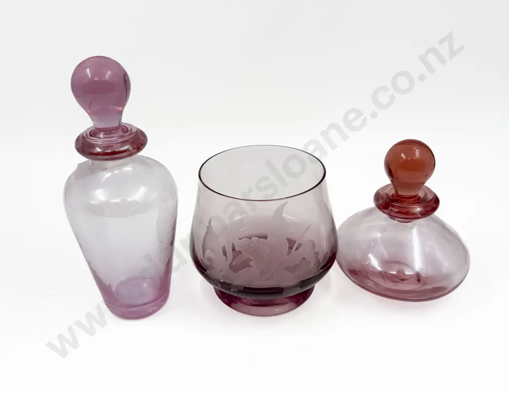 Pink Glass Bowl Decanter & Scent Flask Image 1++