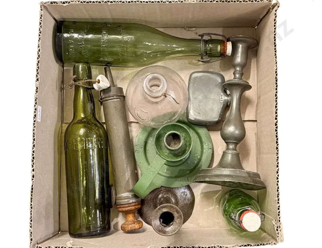 Box of Old Bottles Candlesticks etc Image 1++