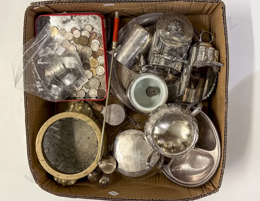 Box of Mixed Silver Plated Ware & Coins etc Image 1++