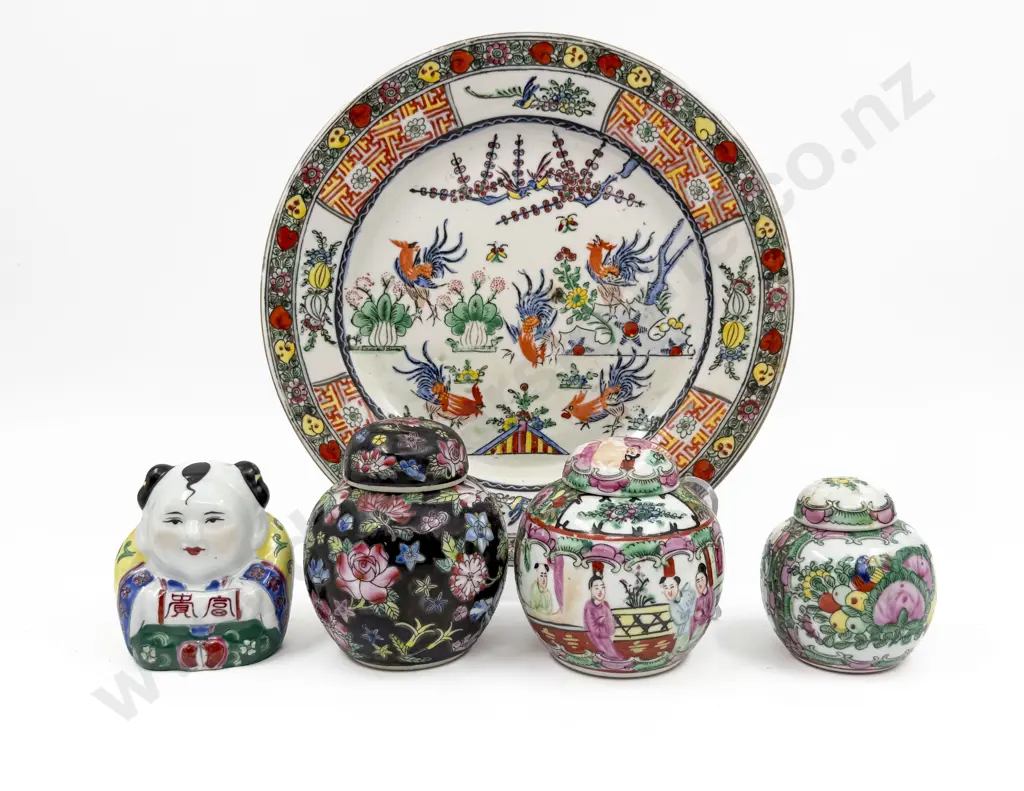 Modern Chinese Plate Three Small Ginger Jars & Figure Image 1++