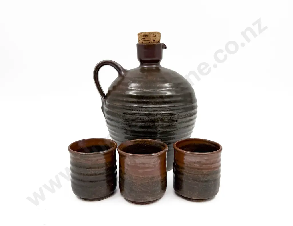 NZ Pottery Carafe & Three Beakers Image 1++