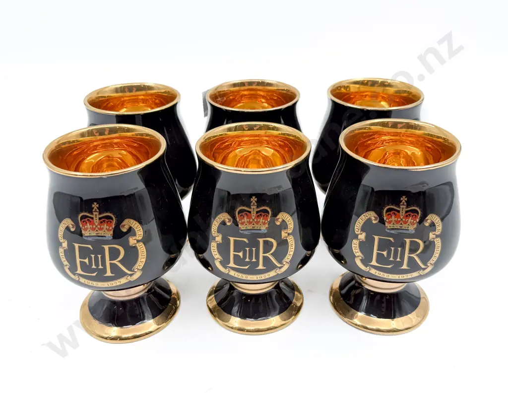 Set Of Six Prinknash Pottery QEII Royal Silver Jubilee 1977,  24K Decorated Gilt Black Goblets Image 1++