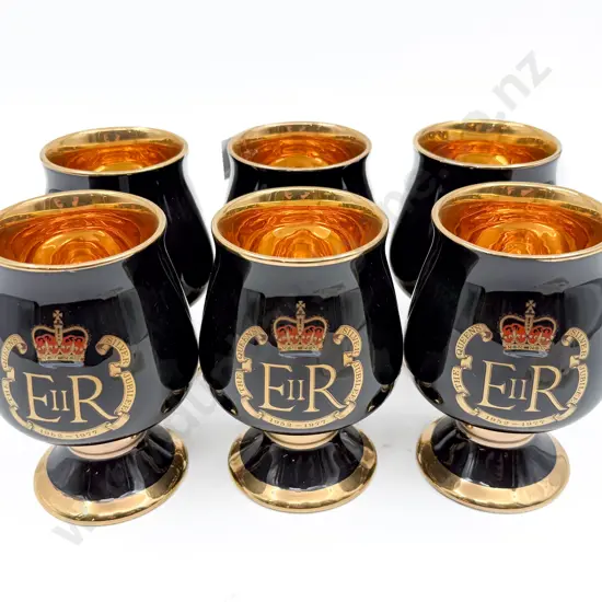 Set Of Six Prinknash Pottery QEII Royal Silver Jubilee 1977,  24K Decorated Gilt Black Goblets