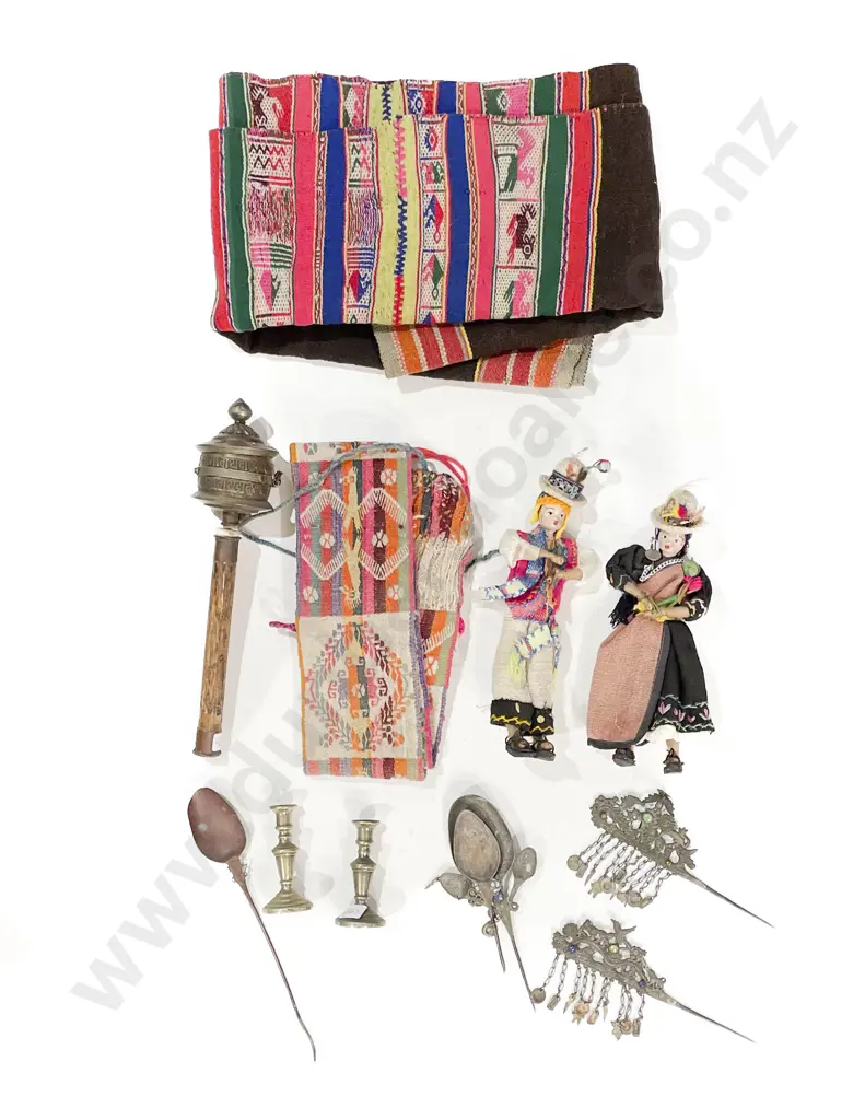 South American Ethnic Textiles & Various with Decorative Pins & Prayer Wheel Image 1++