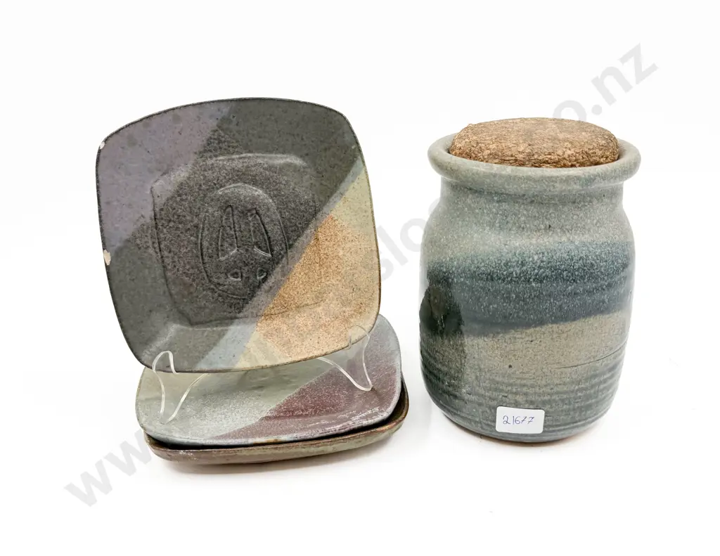 NZ Pottery Canister & Three Plates (A/F) Image 1++