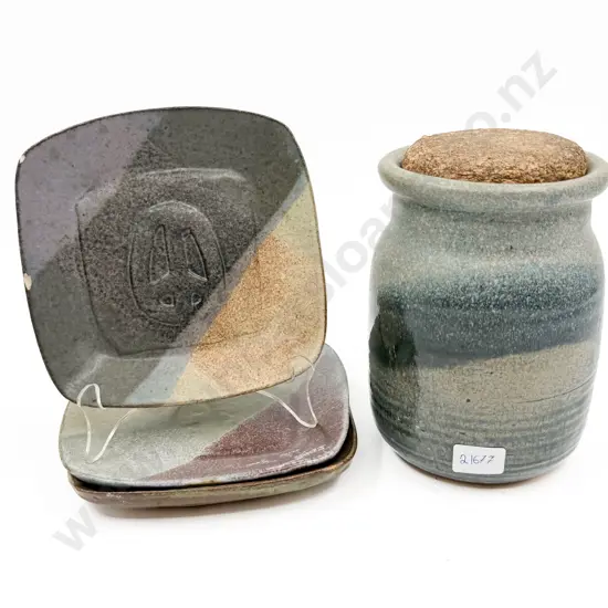 NZ Pottery Canister & Three Plates (A/F)