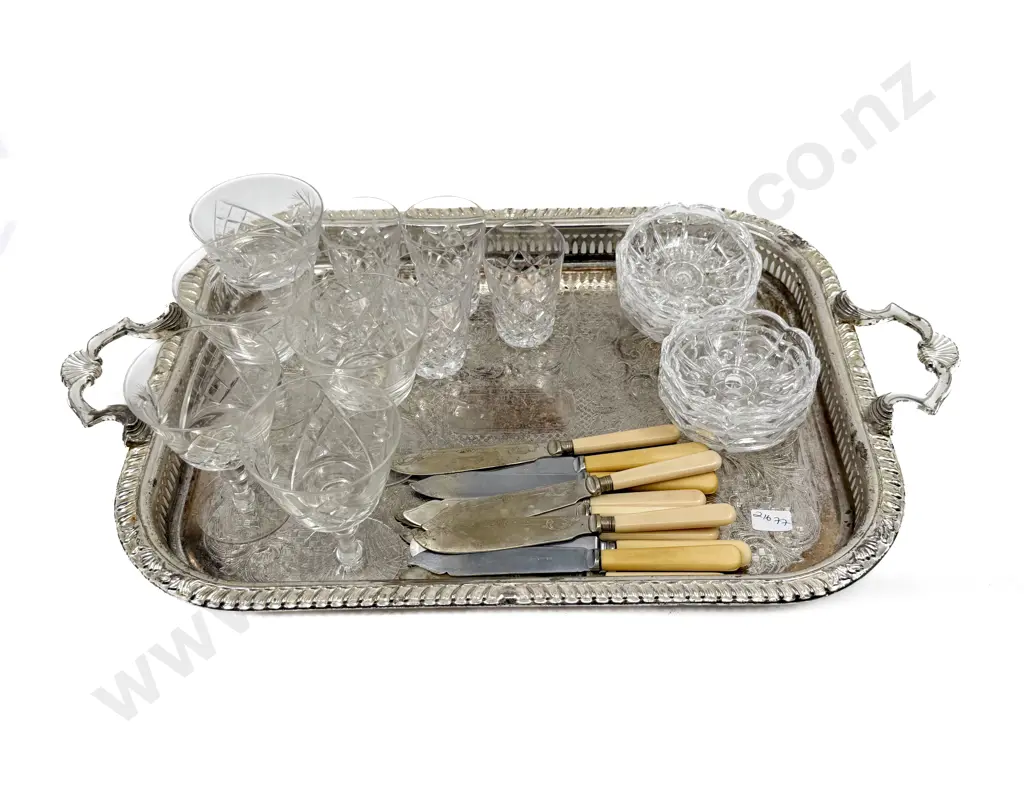 Assorted Crystal & Glassware & Bone Handled Cutlery on S/P Tray Image 1++